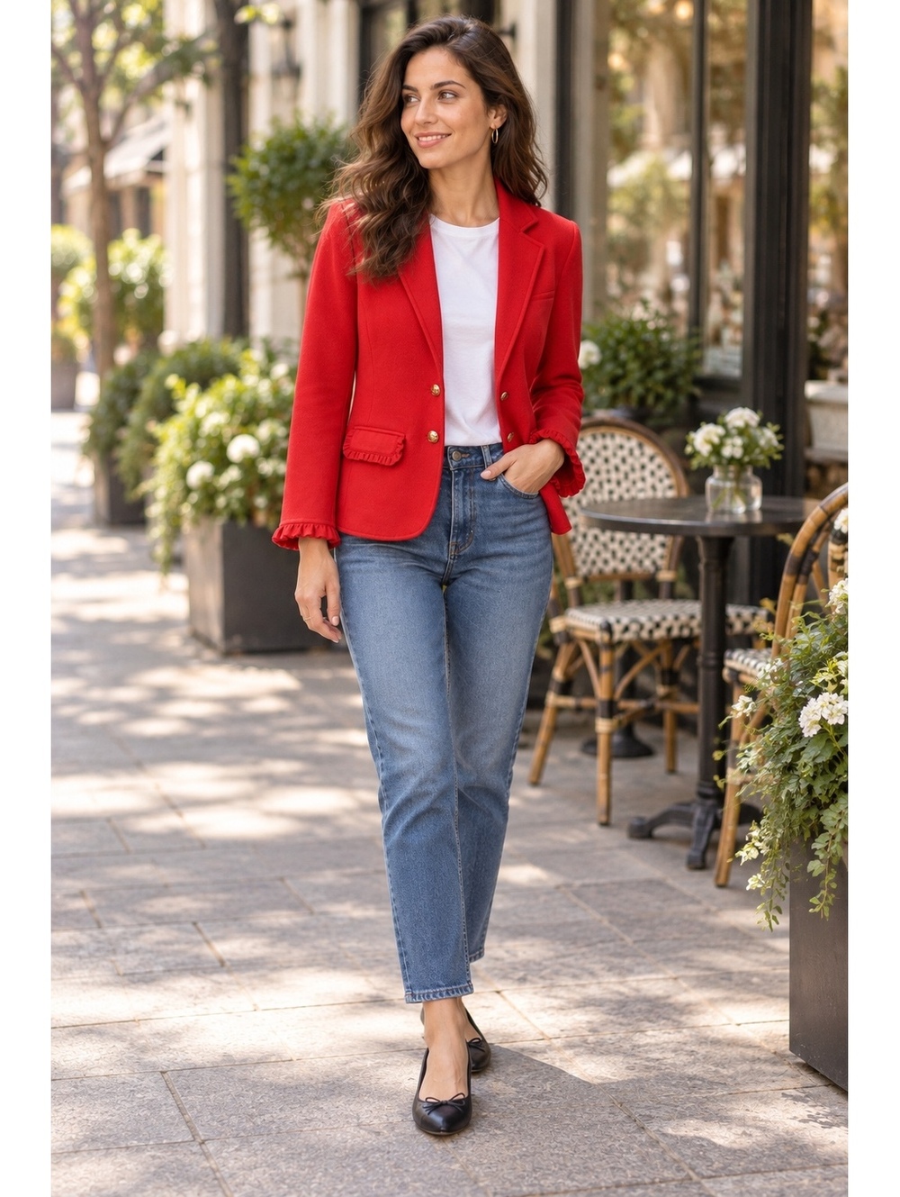 Lauren Ralph Lauren Red Blazer with Ruffle Detail Size M